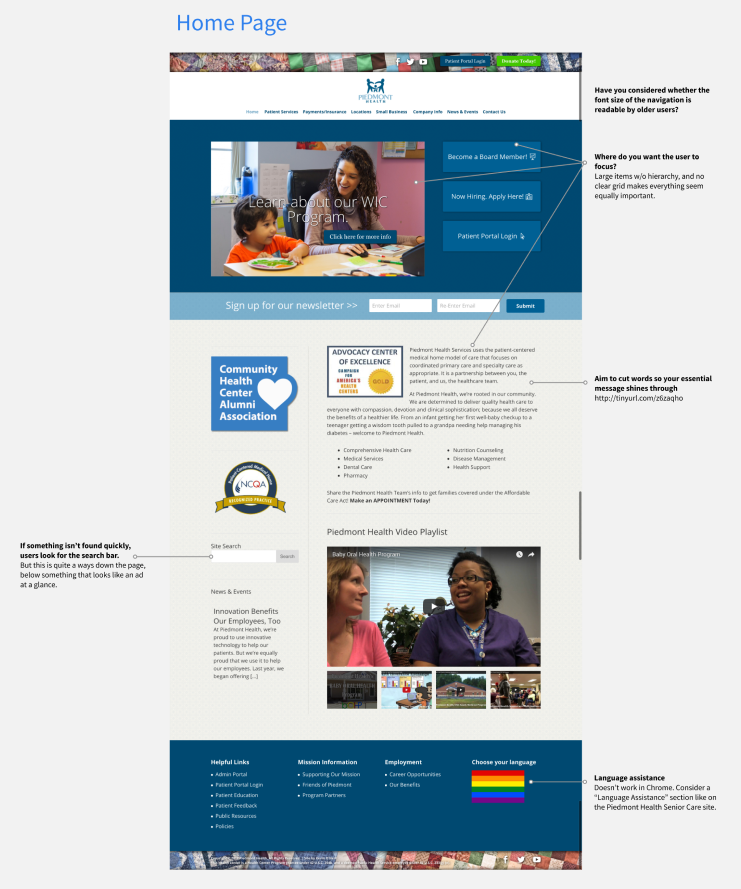 old piedmont homepage showing a lack of focus and flow