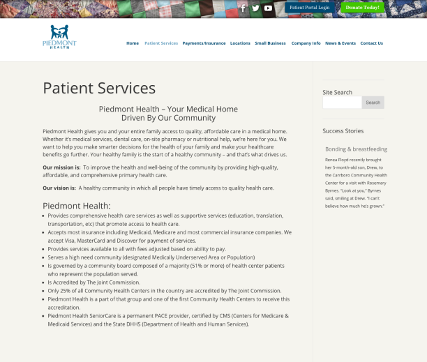 screenshot of the patient services page before redesign