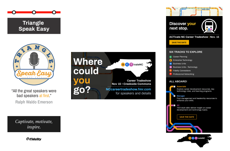 Left to right: a 6-foot banner, digital signage, and an email